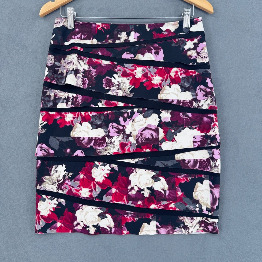 White House Black Market Floral Bandage Skirt 4 Plum Red Tiered Pencil Romantic